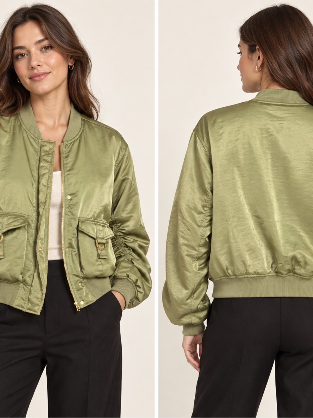 House of Harlow 1960 Olive Satin Bomber Jacket — Size Large